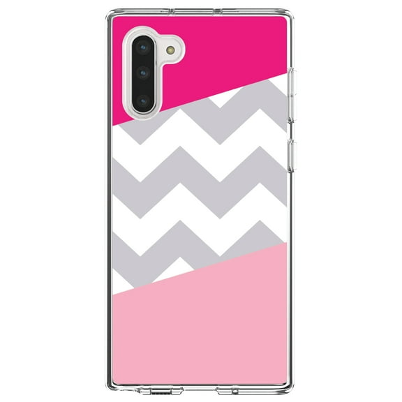 DistinctInk Clear Shockproof Hybrid Case for Samsung Galaxy Note 10 (6.3" Screen) - TPU Bumper, Acrylic Back, Tempered Glass Screen Protector - Hot Pink Block Grey Chevron - Stripes Pattern