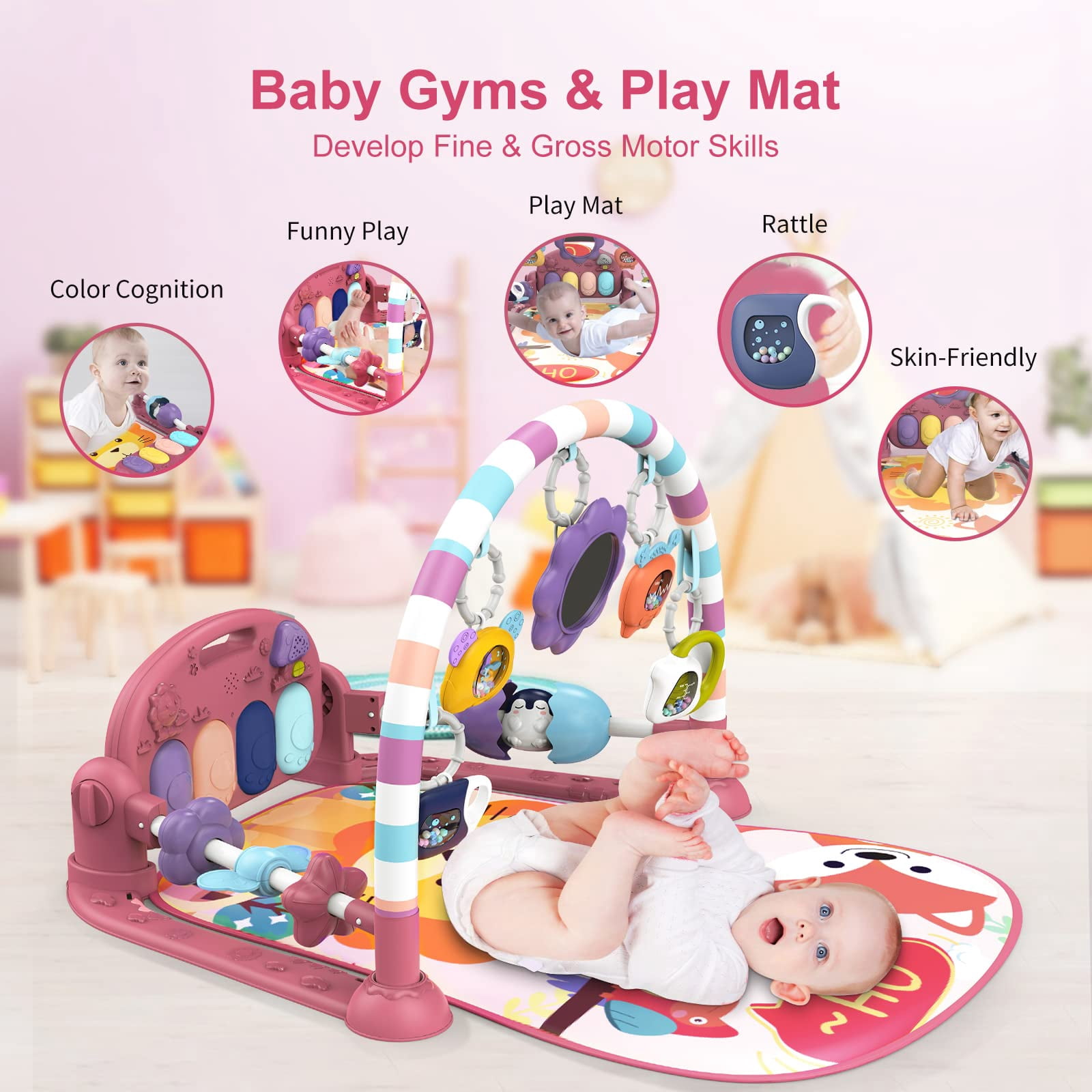 Baby Play Mat Baby Gym,Funny Play Piano Tummy Time Baby Activity Mat with 5 Infant Sensory Baby Toys, Music and Lights Boy & Girl Gifts for Newborn Baby 0 to 3 6 9 12 Months (New Pink)