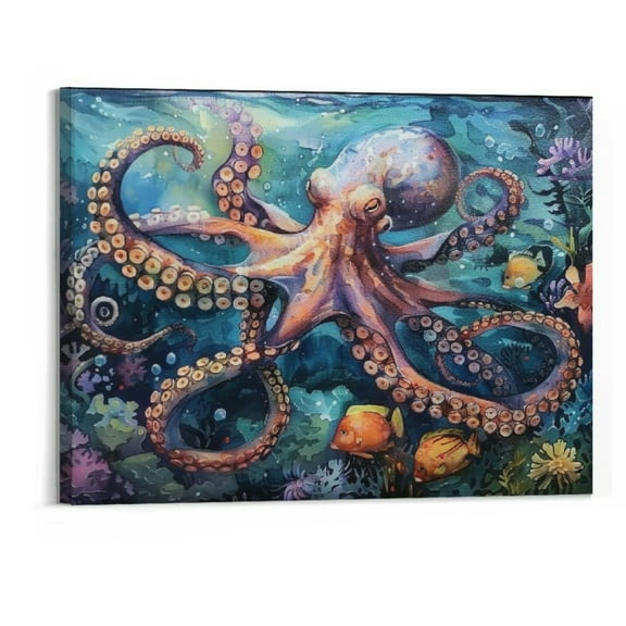 BCIIG Large Octopus Canvas Wall Art Nautical Marine Octopus Pictures Wall Decor Ocean Life Octopus Watercolor Painting Prints  Modern Home Artwork for Living Room Bedroom Office  20"x16" 20x16in