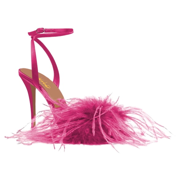 XYD Women Open Toe Feather Sandals Adjustable Strap Buckles High Stiletto Heels Wedding Party Summer Shoes Size 7 Fuchsia