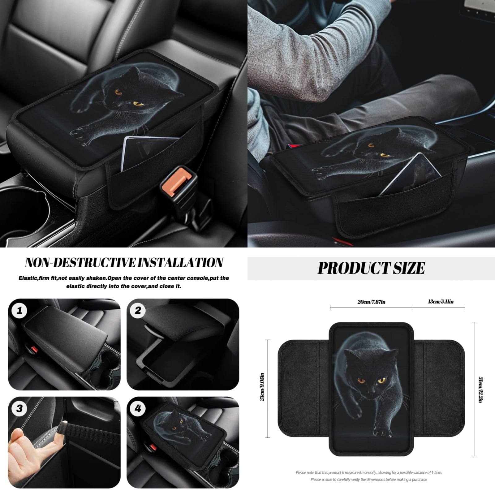 Jeiento Black Cat Car Seat Covers Front Back Seats Set of 14 Steering Wheel Cover Seatbelt Cushion Pad Trash Bin Armrest Cover Cushion Rearview Mirror Cover Gear Shift Knob Cover Set Cup Holder