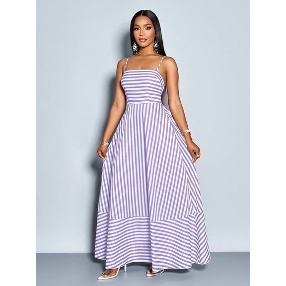 Mauve Purple And White Striped Flowing Maxi Dress With Spaghetti Straps, Chest Gathering, Pockets, A-Line Silhouette