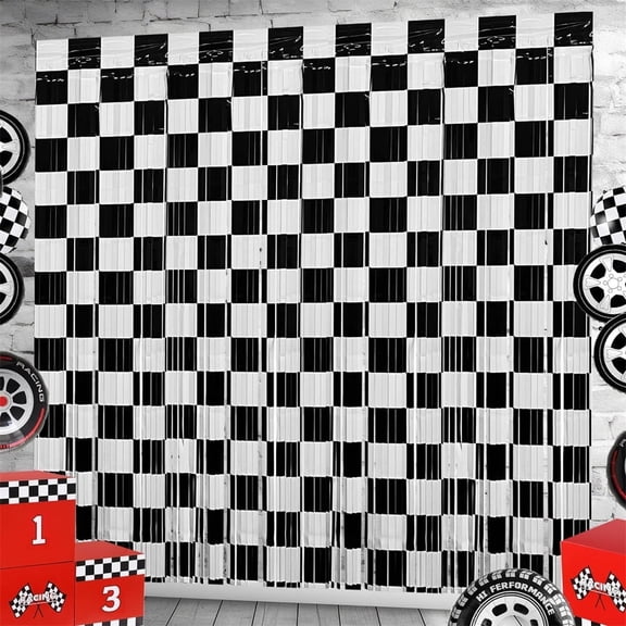 Race Car Foil Fringe Curtains Backdrop Birthday Party Decorations, NOGIS 3 Pack 3.28 x 6.56 Ft Black White Foil Fringe Curtain Photo Booth Props Racing Car One Happy Dude Birthday Party Decor