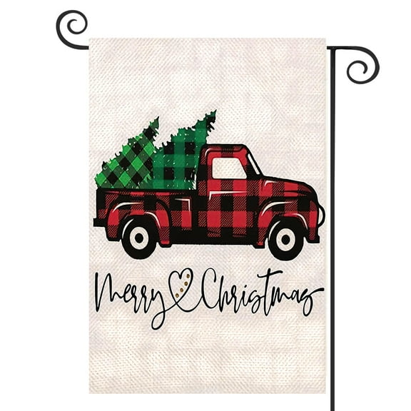 DMERBYL Merry Christmas Garden Flag, Decorative Xmas Outdoor Flag Sign with Buffalo Check Plaid Truck Red Black, Rustic Burlap House Yard Flag Winter Outside Decoration Holiday Home Decor Flag 12 x 18