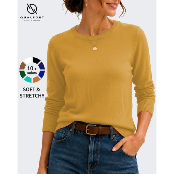 QUALFORT Women’s Crew Neck Pullover Sweater, Soft Lightweight Long Sleeve Knit Top, Solid Color Casual Sweater, Mustard Yellow M