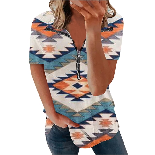 Blusa con estampado de manga corta y cuello vuelto informal y cómoda a la moda para mujer OAVQHLG3B Store lin121212