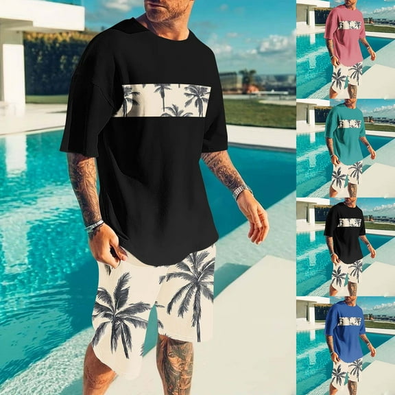 VBTAPA Men's Short Sets 2 Piece Summer Beach Outfits Trendy Casual Tracksuits Short Sleeve Hawaiian Tee Shirt and Shorts Matching Set with Pockets Black M