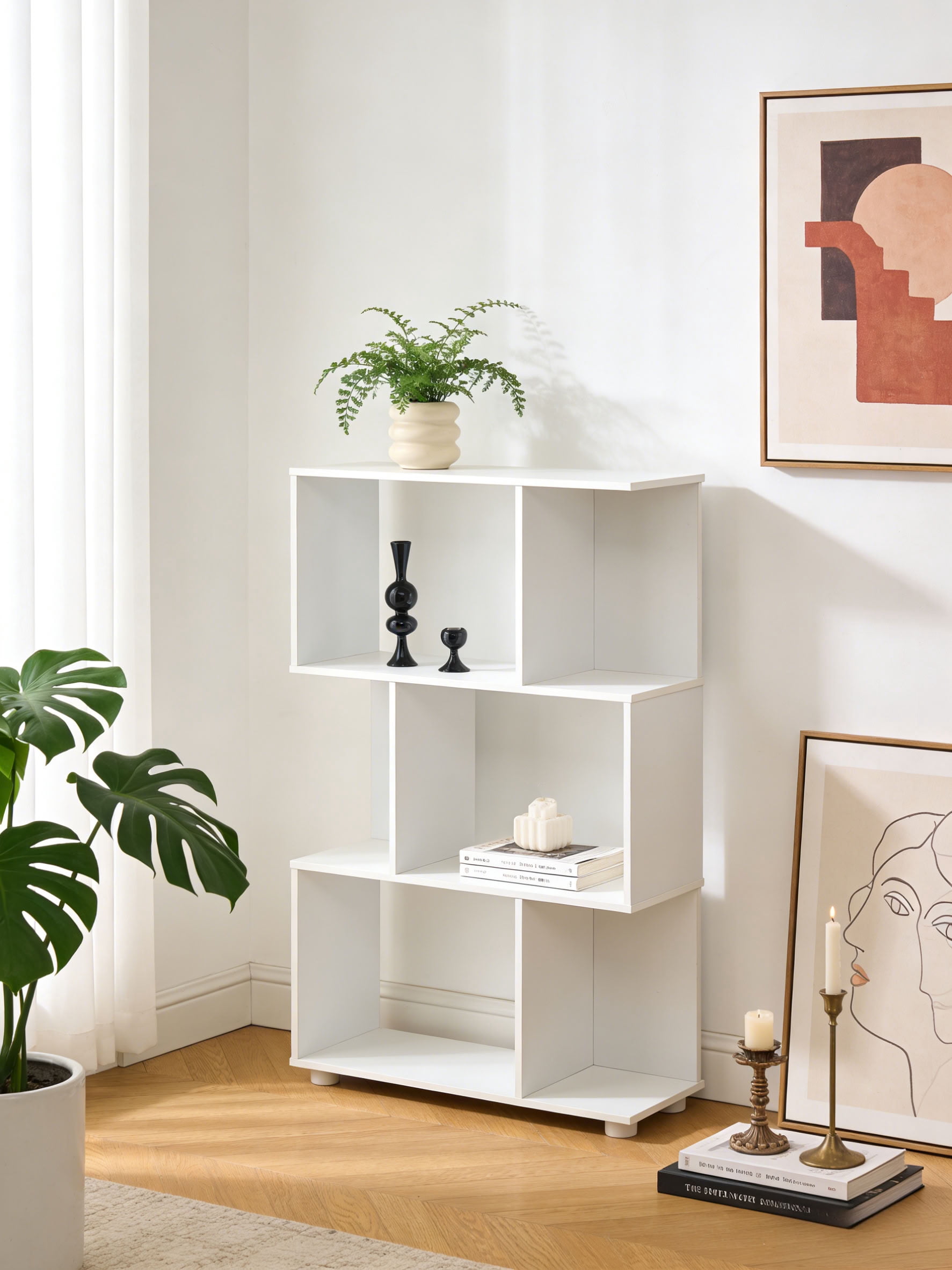 MAYEERTY 3-Tier Staggered Bookshelf, Freestanding Display Storage Shelf Unit for Living Room Bedroom Home Office Small Spaces