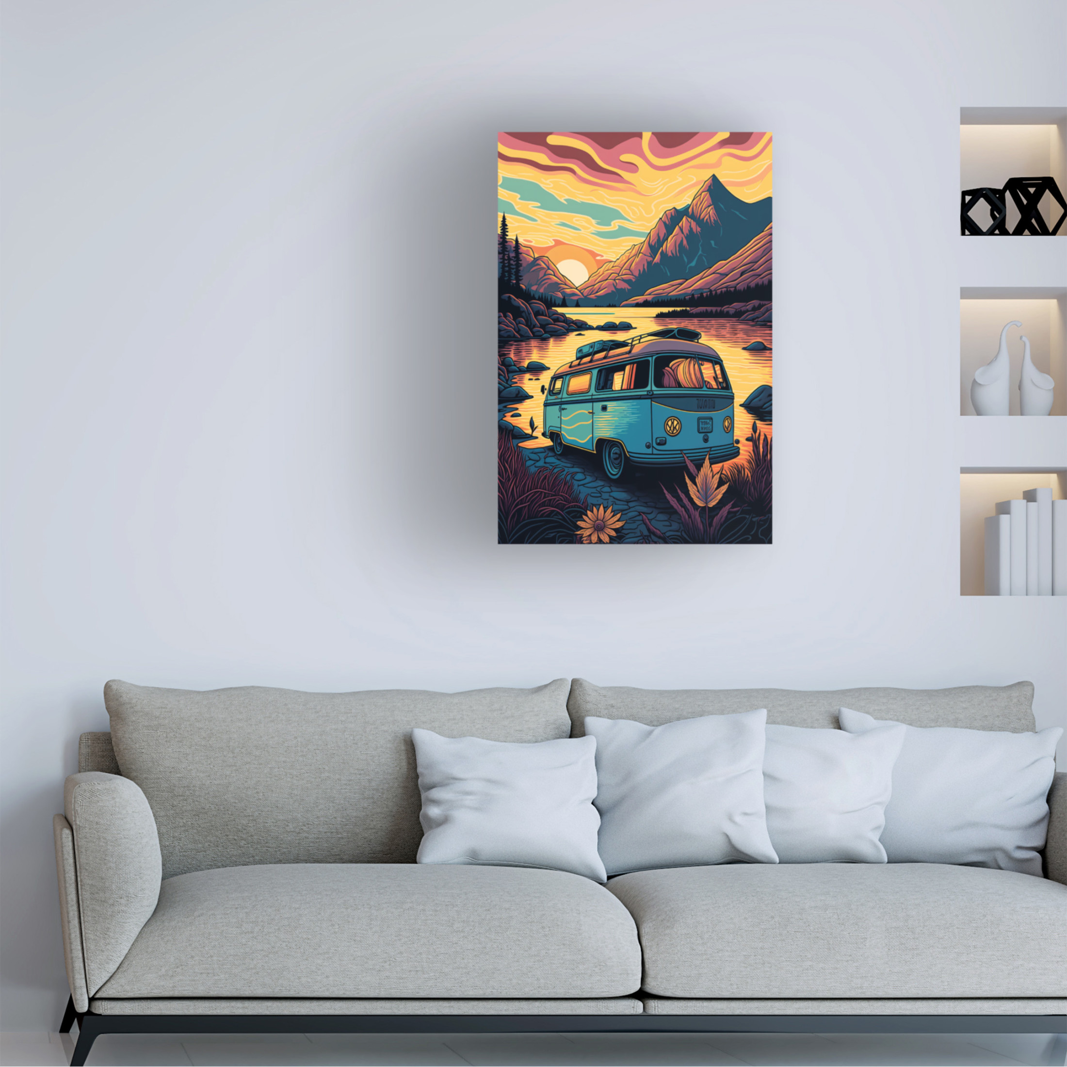 Canvas Wall Art - Ray Heere 'Silkscreen Camper On The Lake 18' Wall Art for Living Room, Bedroom, or Office Décor by Trademark Fine Art - 22 x 32 Inches