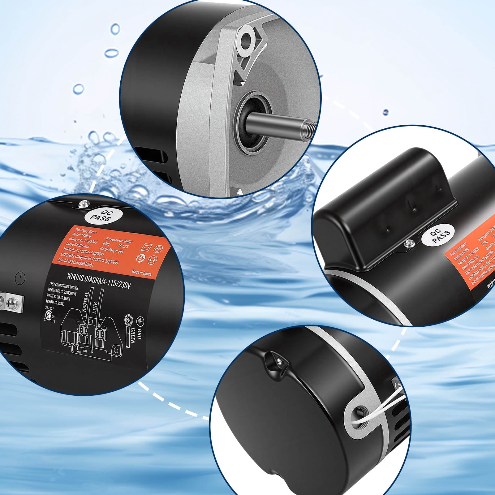 B2852 Pool Pump Motor - Swimming Pool Pump Motor, 3450 RPM, 3/4 HP, 115/230V, 56Y Frame, 303 Stainless Steel Shaft, Replacement Motor for Outdoor/Indoor Swimming Pool