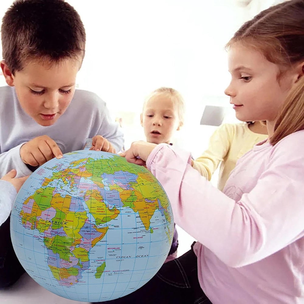 Inflatable Earth Beach Topographic Map Globe, 16 Inches Earth Blow Up World Globe, English Beach Ball Teaching Stand Glob, World Glob Ball for Kids School Classroom Geography Party