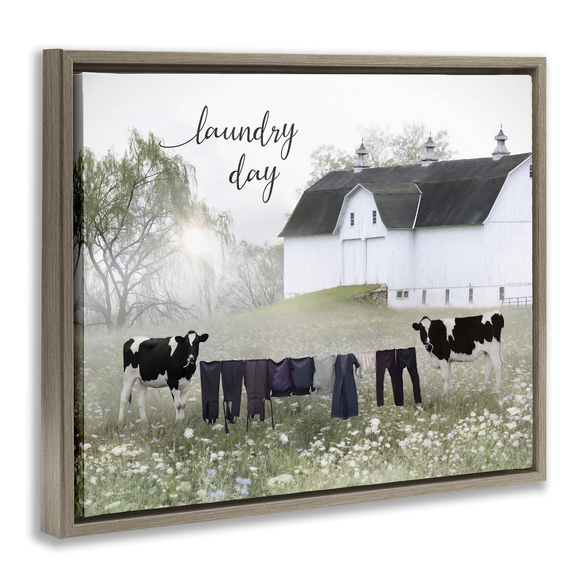 Stupell Industries Laundry Day with Rural Cows Landscape Painting Brown Floater Framed Canvas Art Print Wall Art, 31 x 25