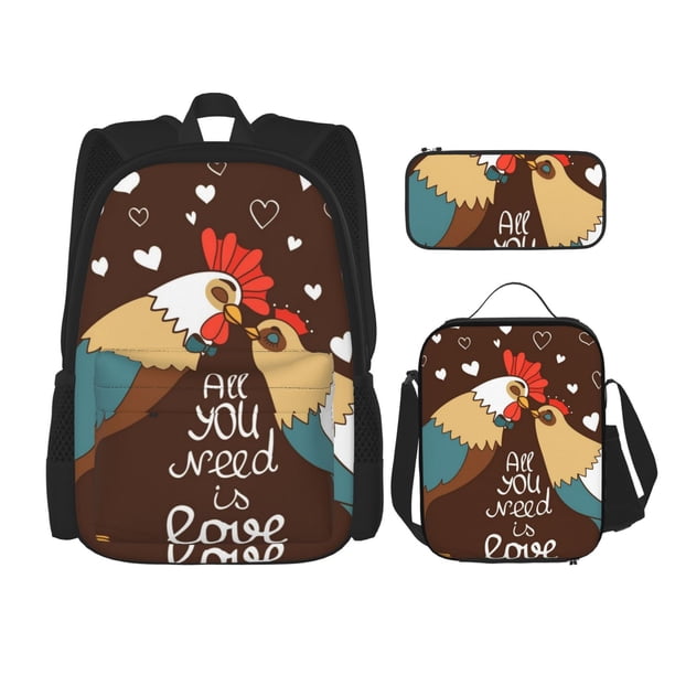 Balery Rooster And Chicken Mochila escolar 3 en 1 para niños: mochila resistente con lonchera térmica y estuche para lápices. Mochila escolar para niños y niñas.