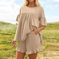 thumbnail image 5 of Feancey Summer Short Sets for Women Ruffled Casual Sleepwear with Shorts Matching Set Soft Cozy Pjs Two Piece Solid Color Lounge Outfits Khaki M, 5 of 10