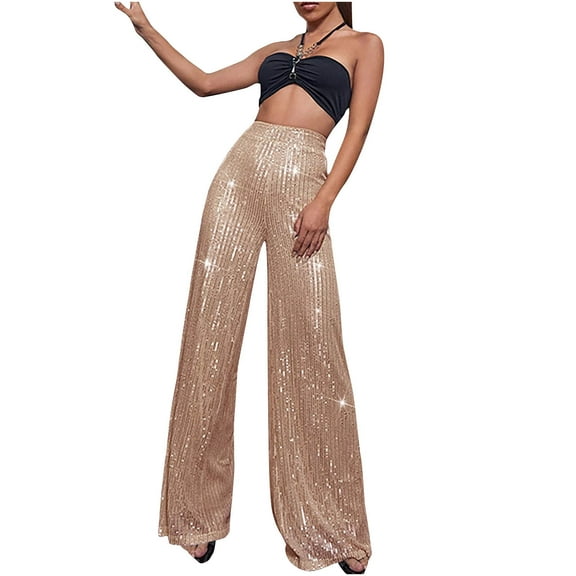 XFLWAM Women's Sparkle Sequin Wide Leg Pants Loose High Waisted Shiny Party Clubwear Bling Glitter Trousers