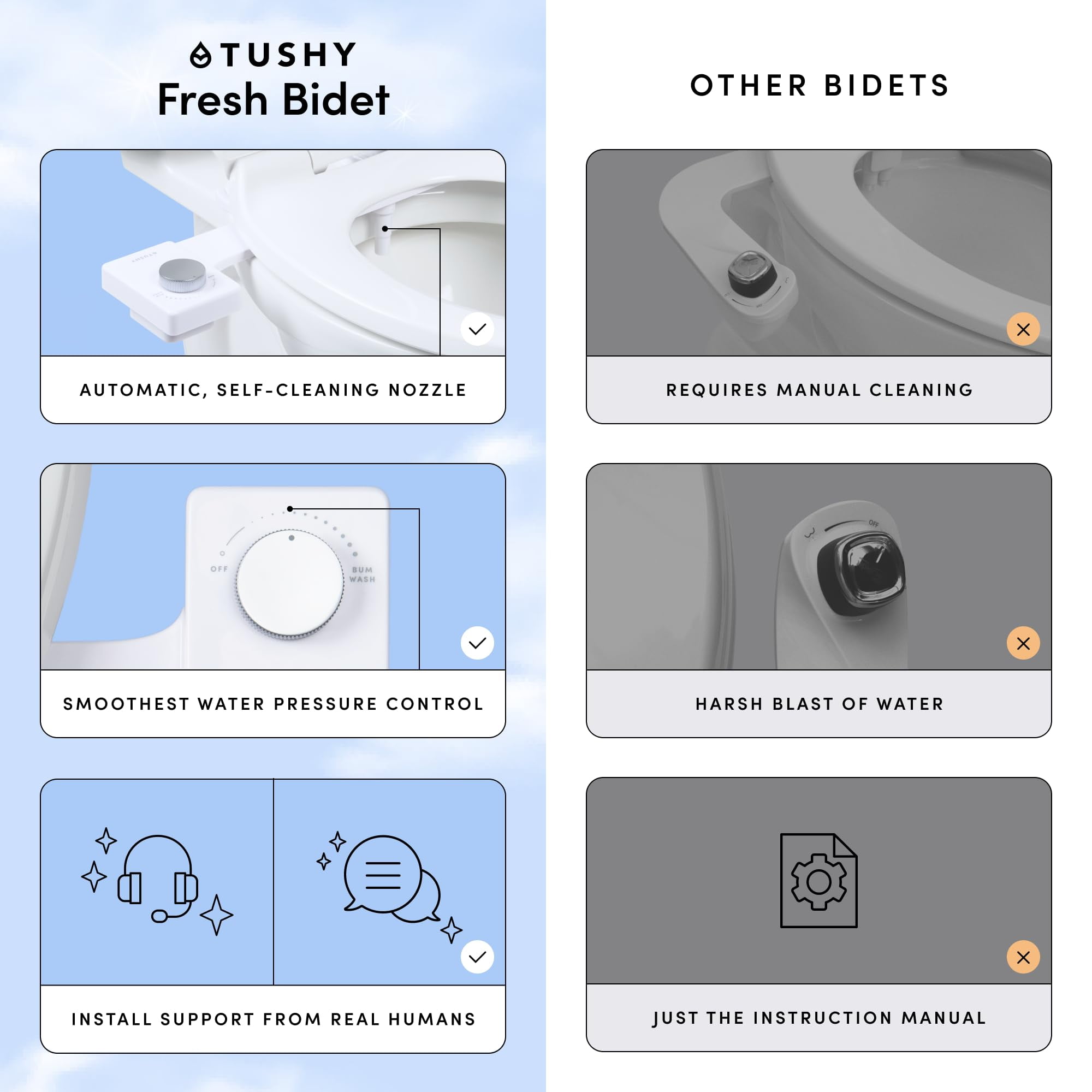 TUSHY Fresh Ultra Slim Toilet Seat Bidet Attachment, Self-Cleaning, One Size, Easy Installation, Silver