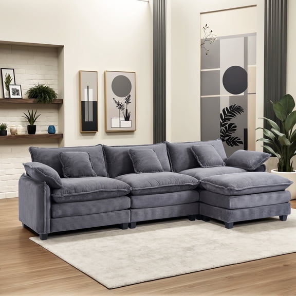 Gexpusm Sectional Sofa,Modular 111" Corduroy Couch with Double Cushion Sleeper Chaise,Modern Oversized Comfy Bouble Couch with Back Pillows for Living Room,Grey