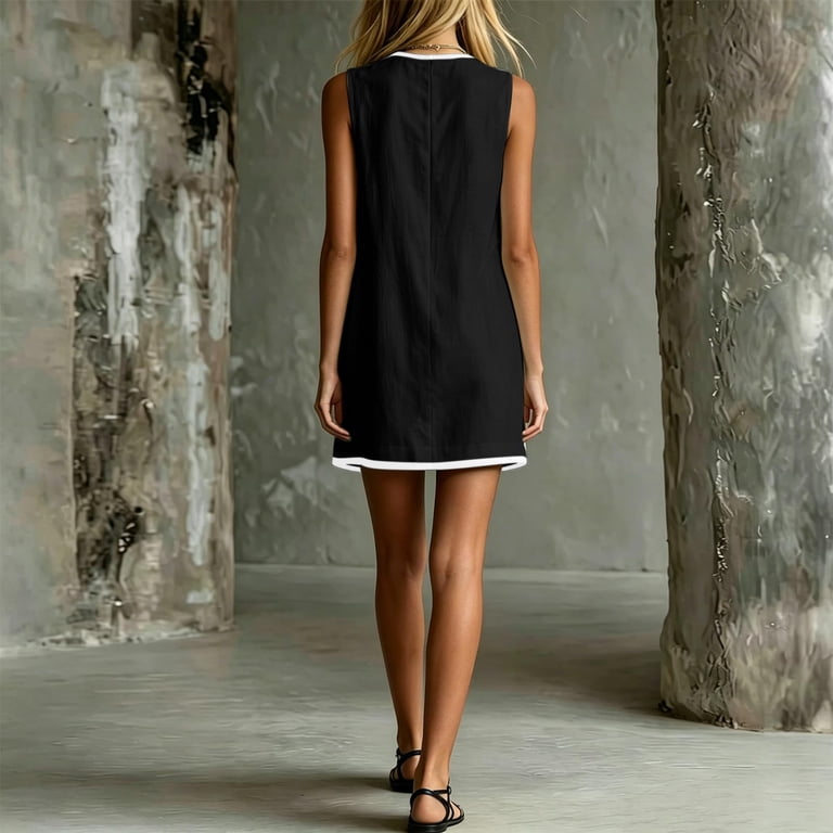 Women's Sleeveless Henley Neck Mini Dress - Casual Loose Fit Shift Dress  with Pockets, Solid Color Summer Tunic Dress with Contrast Trim Hem -  Walmart.com