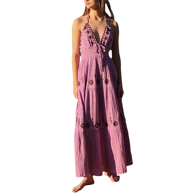xiaxaixu Robe Longue Décontractée d'Été pour Femme, Broderie de Fleurs, à Nouer, Col Licou, Sans Manches, Robe Mode Dos Nu, Robe Trapèze