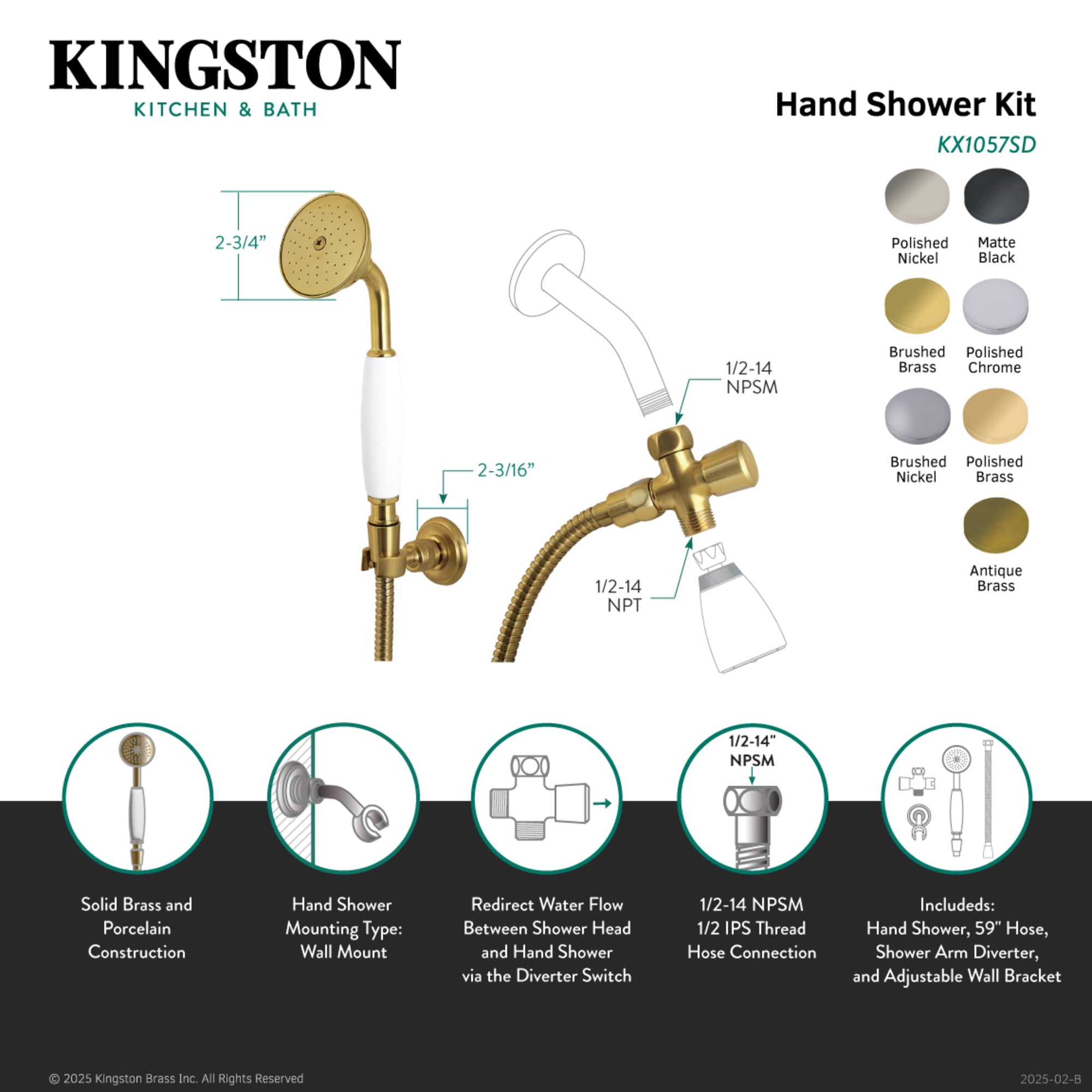 Kingston Brass KX1052SD Victorian Hand Shower Kit, Polished Brass