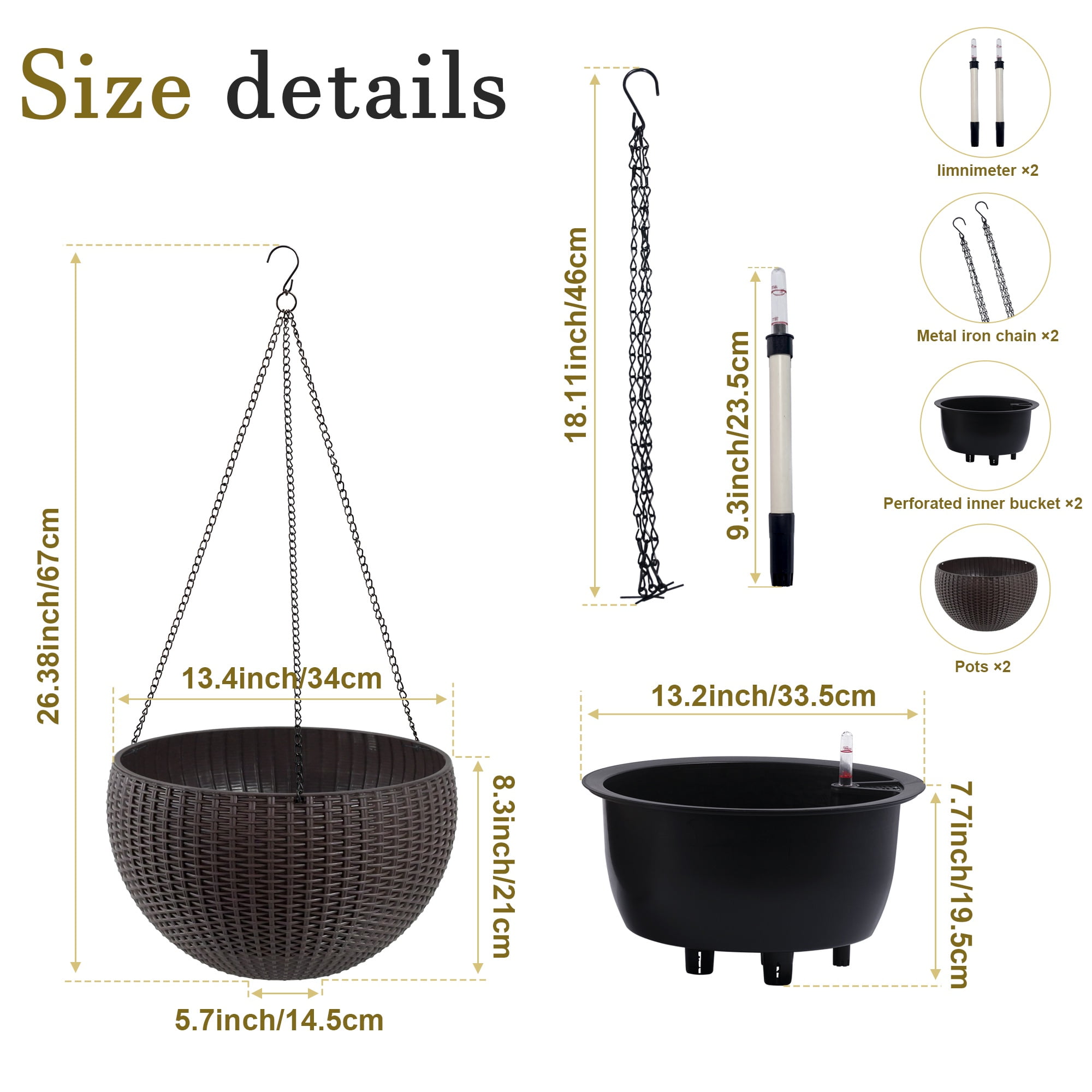 Fehomix Self-Watering Hanging Planter 13.4 Inch 2-Pack, Large Brown Rattan Plant Pots with Water Level Indicator, Root Rot Resistant for Indoor Outdoor Garden Balcony