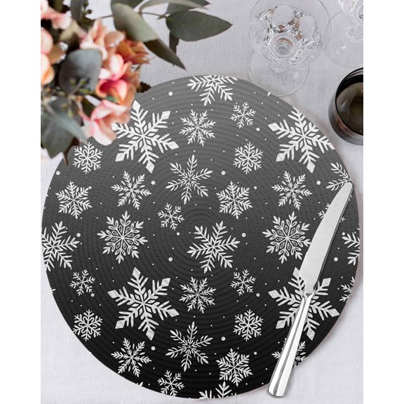 13 Inch Round Placemats Set of 4, Black White Snowflake Christmas Non Slip Heat Insulation PP Table Mats, Winter Xmas Snowflakes Washable Place Mats for Kitchen Dining Party Table Decor