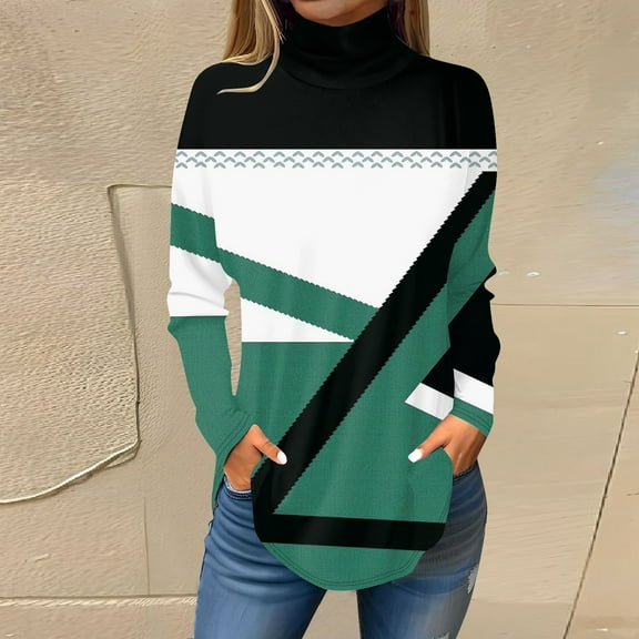 Topvent Tee Shirts For Women Fall Casual Long Sleeve Shirts Sweatshirt Vintage Printed High Neck Top Pullover