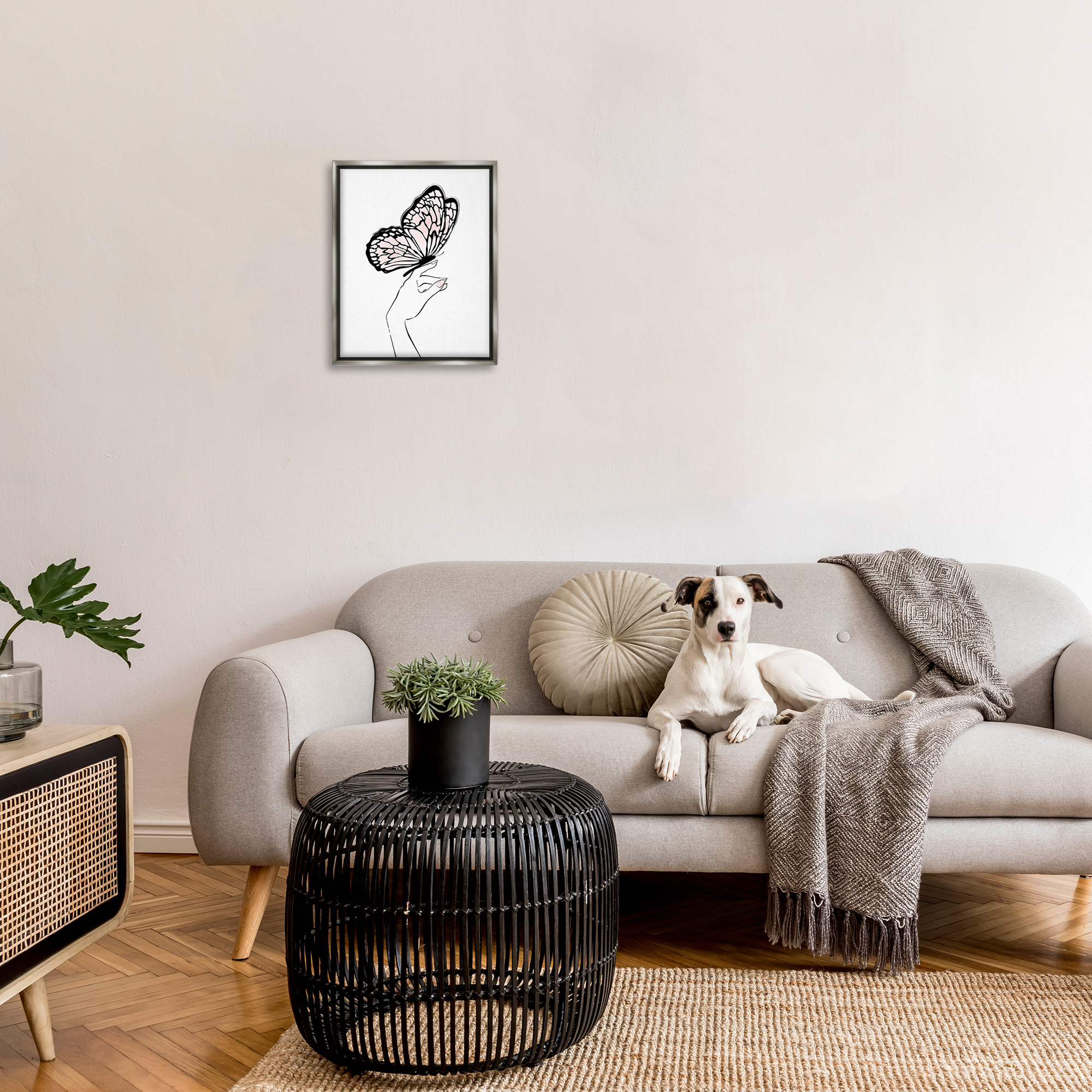 Stupell Industries Minimal Hand & Butterfly Animals & Insects Painting Gray Floater Framed Canvas Art Print Wall Art, 17 x 21