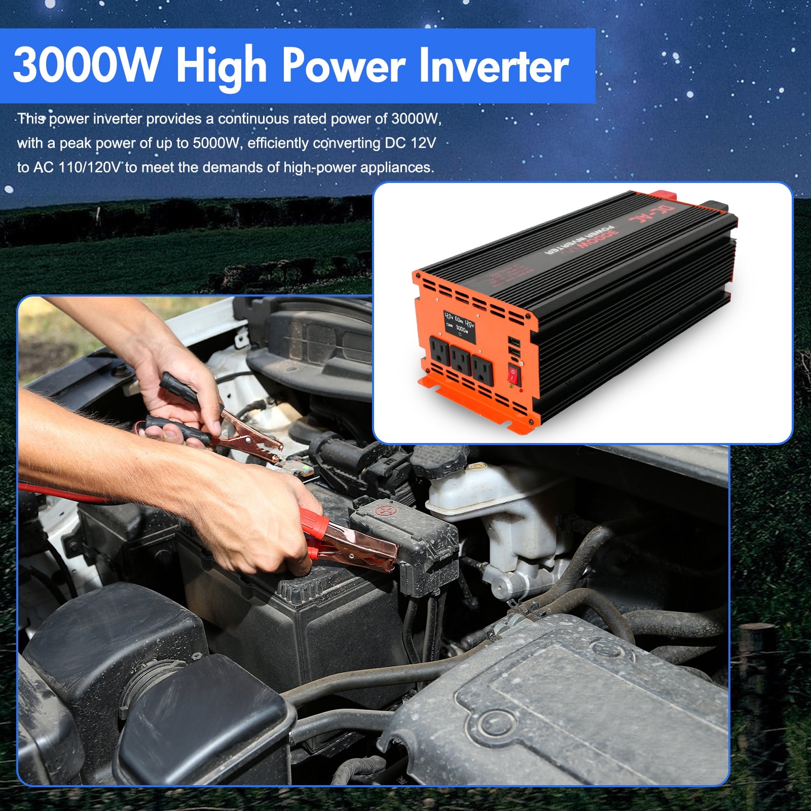 3000 Watt Power Inverter  12V DC to 110V/120V AC Converter Car Inverter with LCD Display & Remote Control
