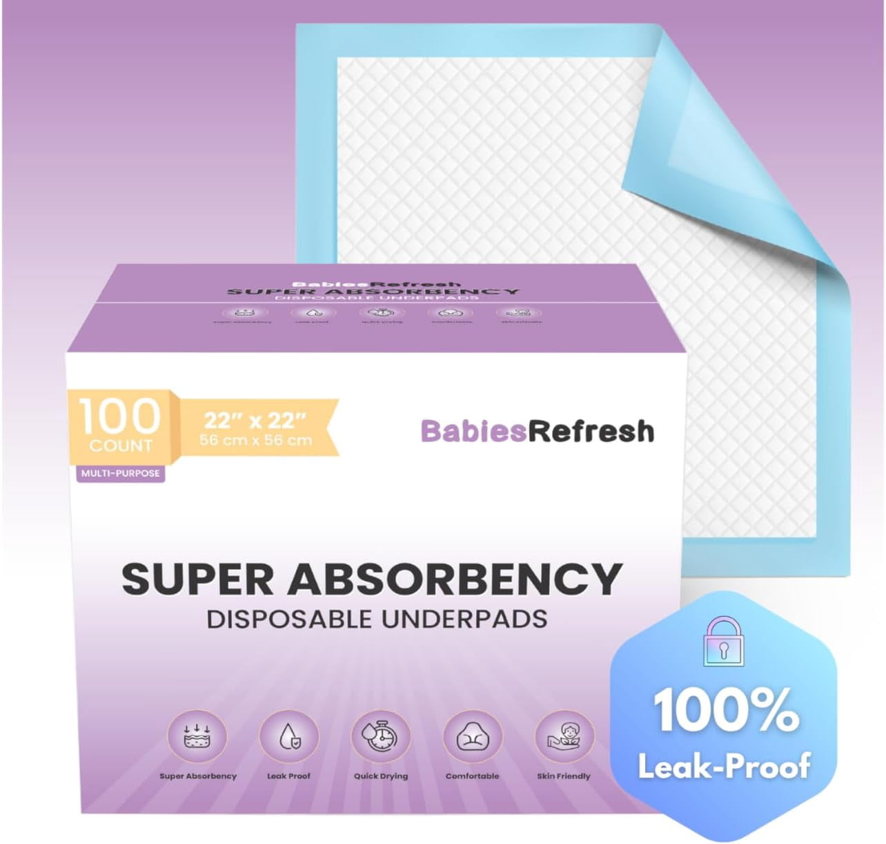 Super Absorbency Disposable Underpads, 22” x 22", 100 Count, Leakproof Quick Drying for Multi-use for Babies, Puppy Pads and Adults, Potty Training Pads, Pet Pee Pads, Cat Pee Pads, Blue, Medium