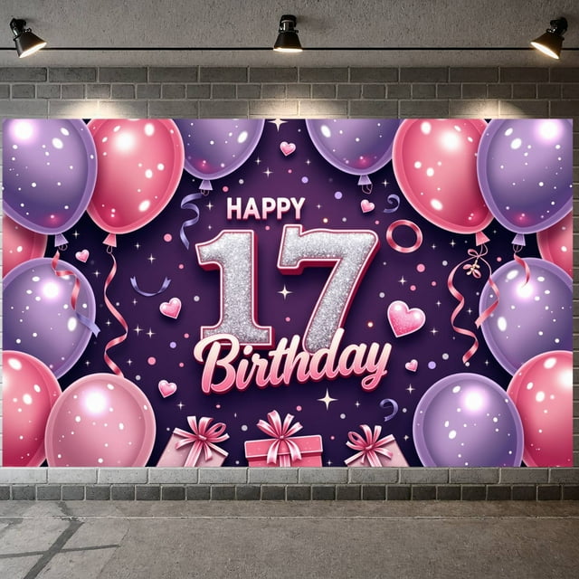 Pink Purple Theme 17th Birthday Banner Silver Glitter Design Display Heart Decorations Balloon Pattern Sweet Birthday Backdrop for 17th Birthday Party Teen Celebration Photo Shoot Prop