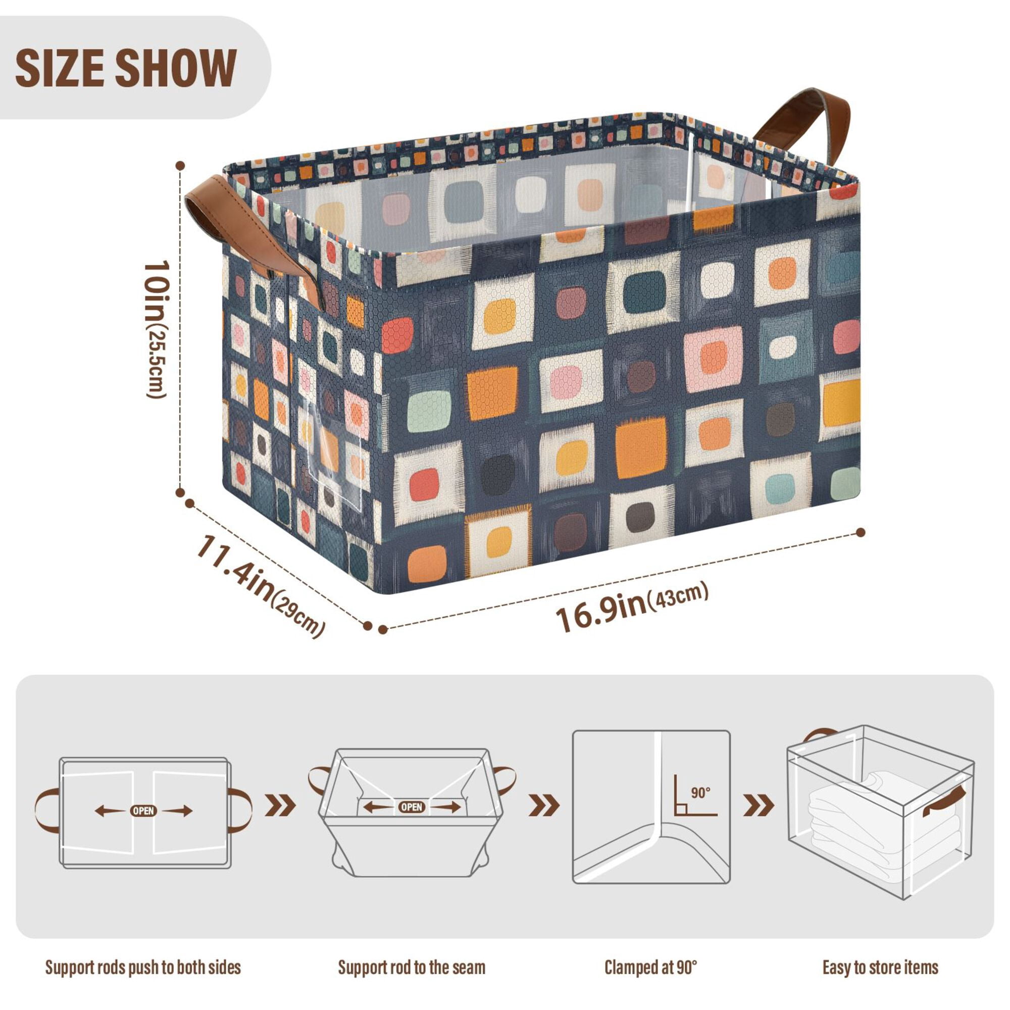 Yayeee Foldable Storage Basket for Shelves Set of 2 Waterproof Cloth Bins with Handles, Blue Circle Mosaic