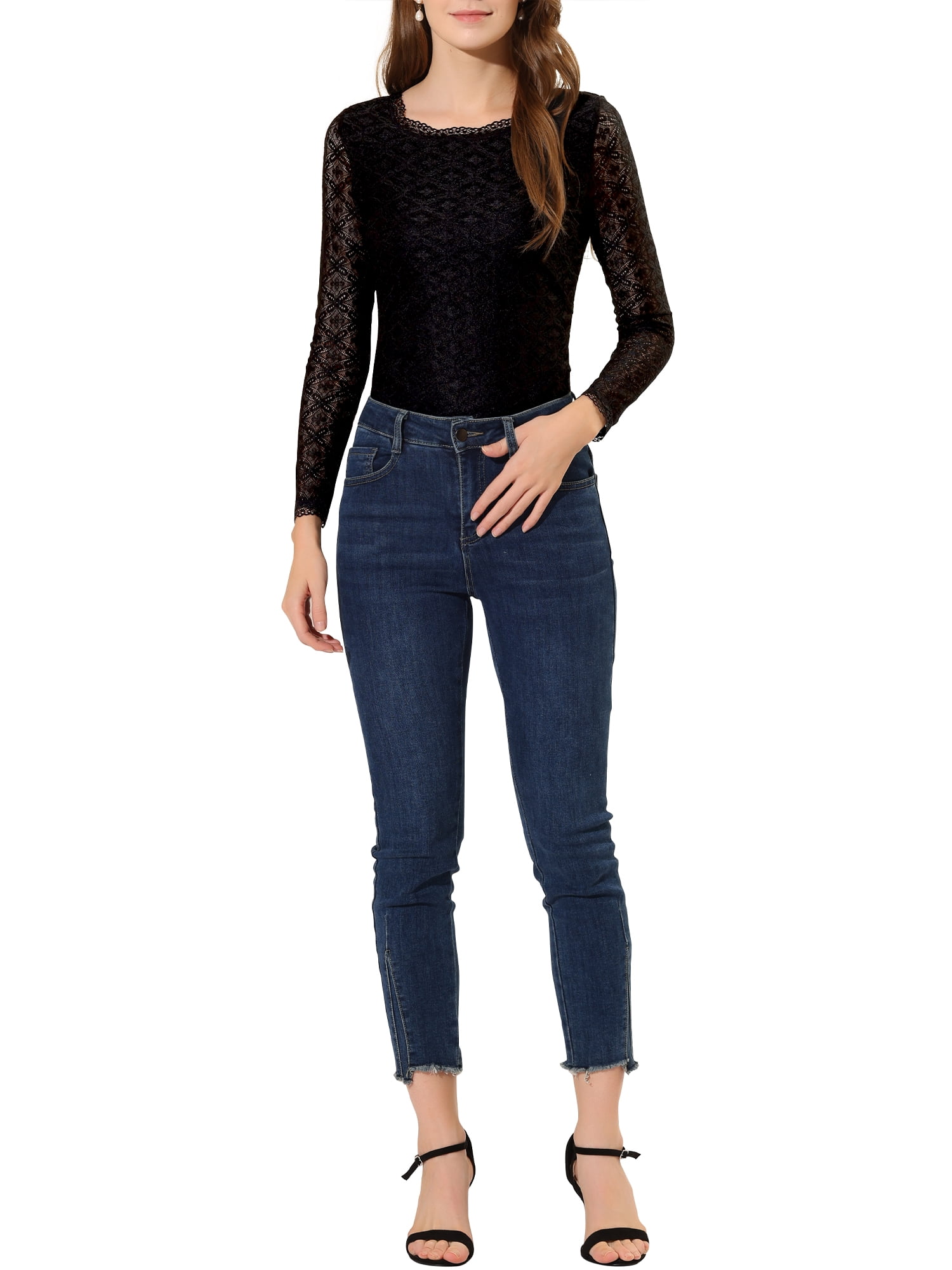 DARING DIVA Sheers Flower Embroidery Lace Top M Black