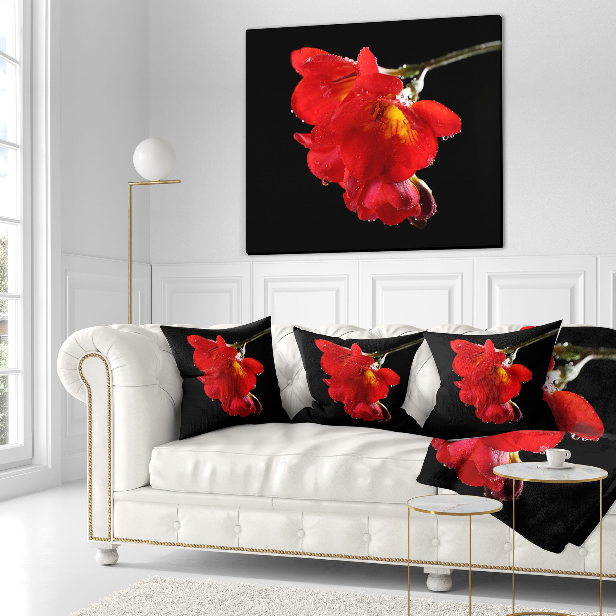 Designart Freesia Flower on Black Background - Floral Throw Pillow - 18x18