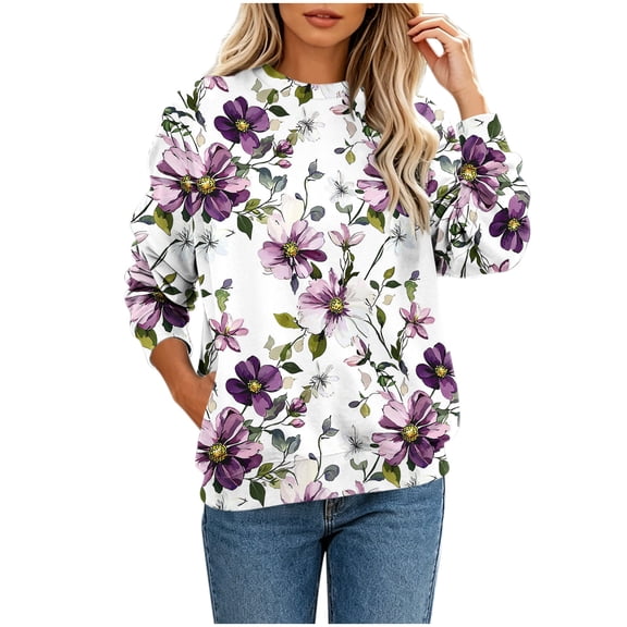 Frostluinai Womens Tops Long Sleeve Floral Print Sweatshirts Trendy Casual Crewneck Pullover Lightweight Fall Comfy Shirts S-3XL