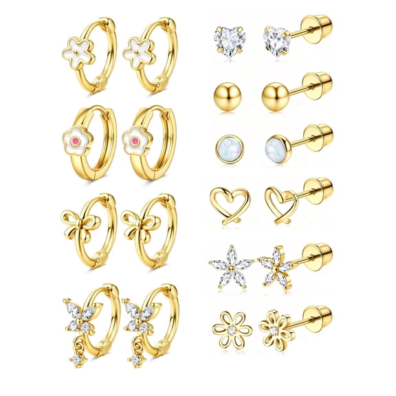 Hypoallergenic Screw Back Earrings for Women - Surgical Steel 14K Gold Silver Plated Cute Little Earrings for Sensitive Ears Heart CZ Flower Stud Hoop Earring Sets 10 Pairs