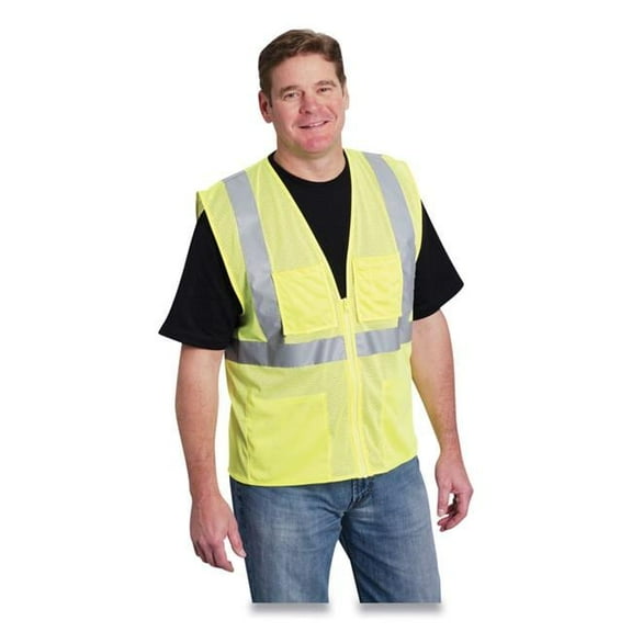 Large ANSI Class 2 Four Pocket Zipper Safety Vest Polyester Mesh, Hi-Viz Lime Yellow