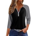 thumbnail image 2 of WTOBBY Women's V-Neck Raglan Sleeve Colorblock Blouse with 3/4 Sleeve, Casual Button Detail Top for Fall Season, Comfortable Fashion Apparel,Black L, 2 of 5
