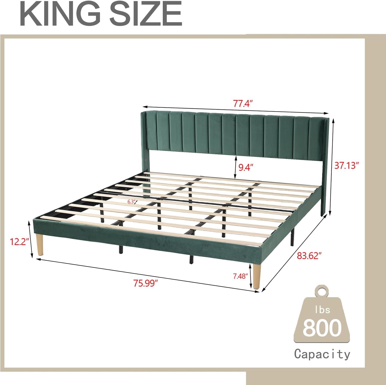 AGARTT Upholstered Platform King Size Bed Frame with Headboard Wooden Slats Support,Green Velvet
