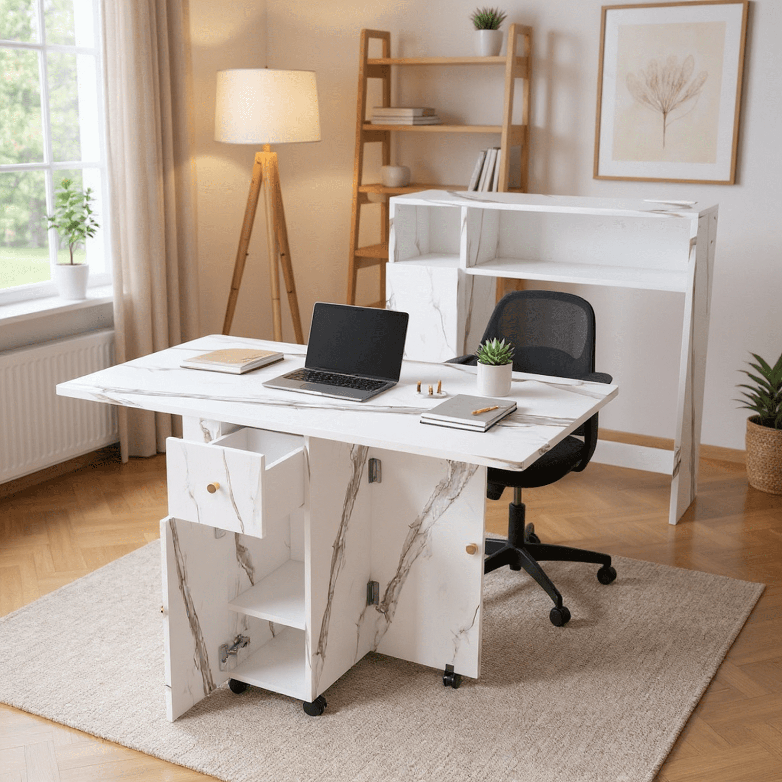 Homy Casa Entryway Console Table with Storage, Folding Design, Faux Marble Finish, White