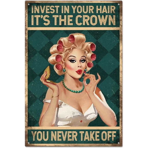 Vintage Salon Hairdresser Tin Sign, Invest in Your Hair Quote, 12 x 8 Inch Metal Wall Decor for Hair Salon and Barber Shop