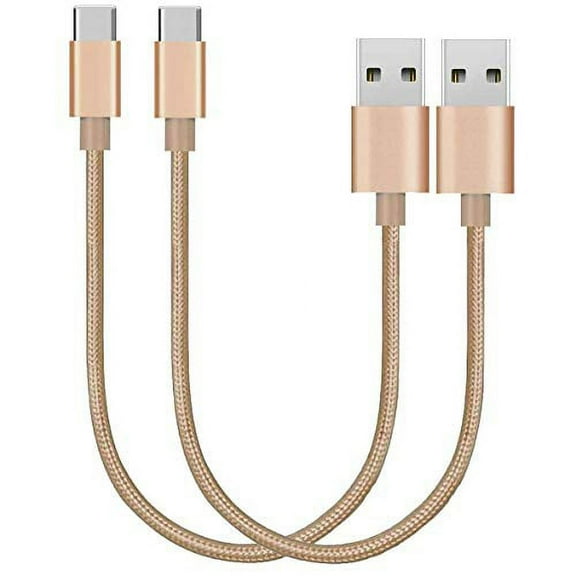 Short Chargers, USB Type-C to USB A Fast Charger Cable Cords, High Speed Data and Charging, Nylon Braided, 2-Pack, 7-Inch (Gold)