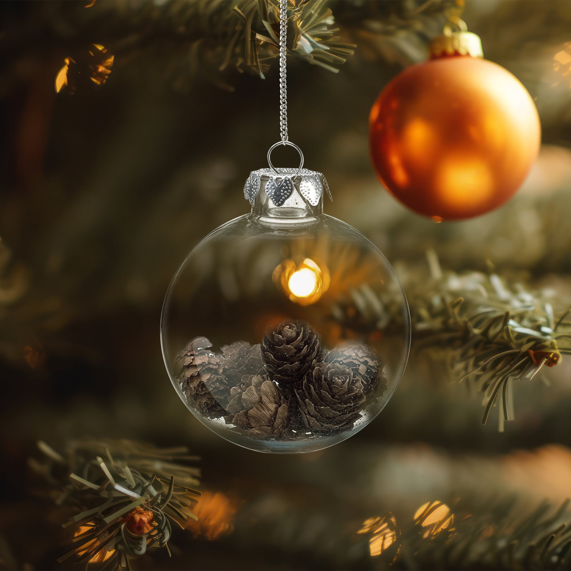Country Cabin Clear Plastic Mini Pine Cone Filled Christmas Ball Ornament 3.5" (88 mm)