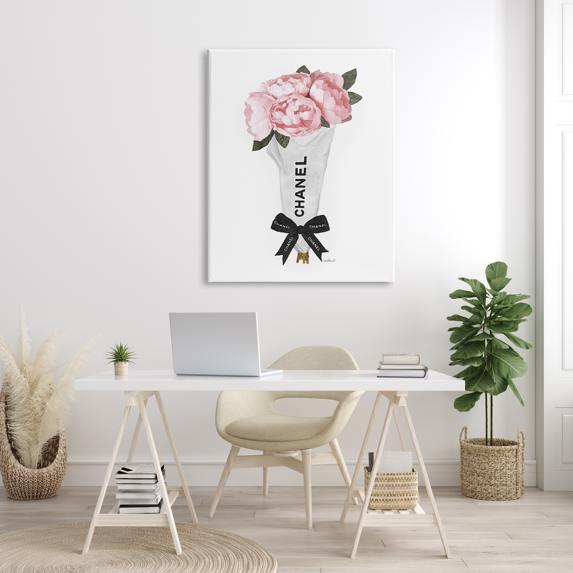 Stupell Industries Pink Peonies Flower Bouquet Glam Fashion Bow Botanical & Floral Painting Gallery Wrapped Canvas Print Wall Art, 36 x 48