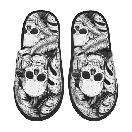 Balery Skull and palm leaves Slient Indoor Furry Fleece Comfort House Shoes Soft Non-Slip Home Shoes Cotton slippers House Slippers-- Large