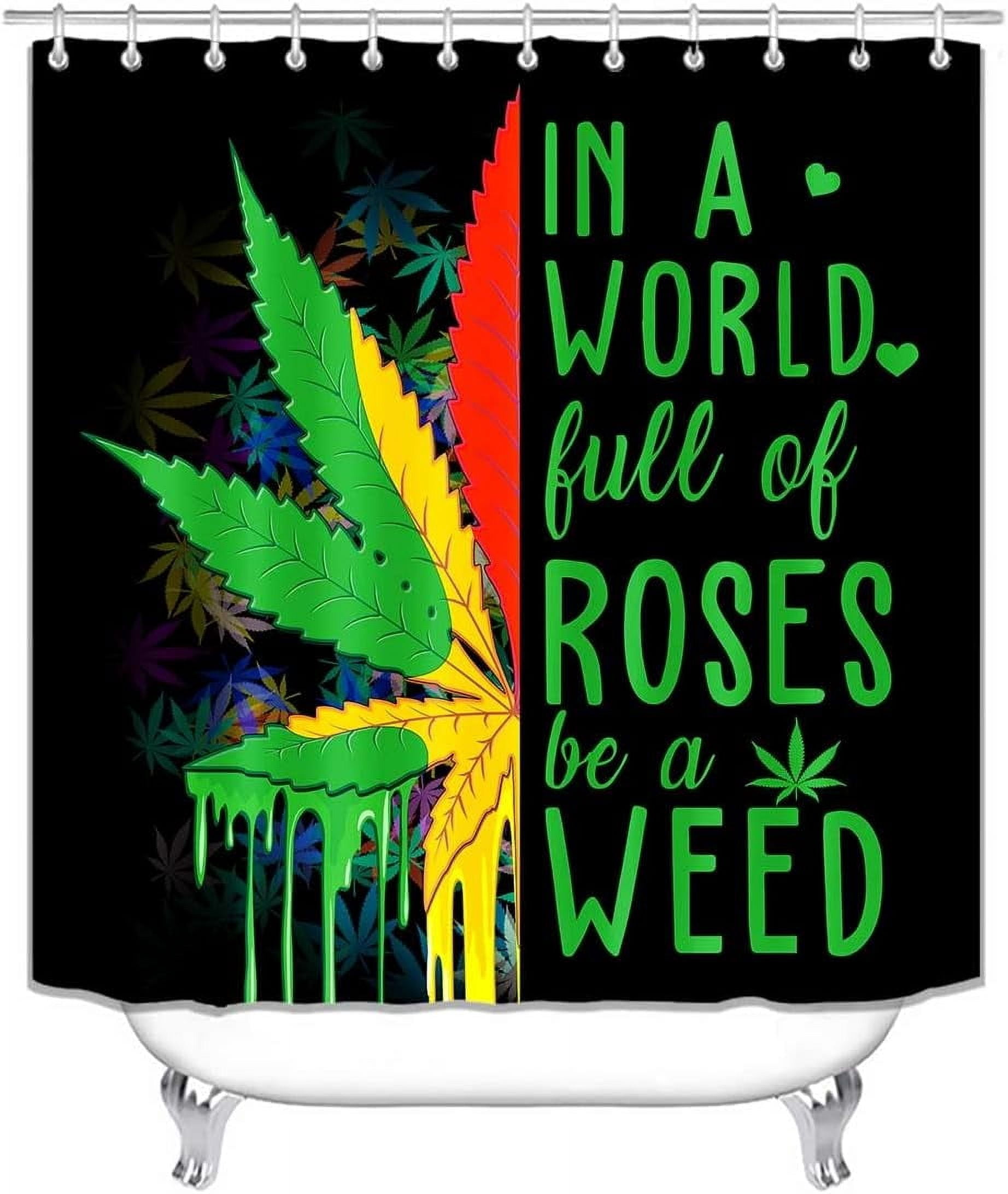 4PCS/Set Weed Leaf Shower Curtain set, Jamaican Rasta Reggae Cannabis Marijuana Leaf Bathroom Decor, Waterproof Fabric Black Bath Curtain, Non-Slip Bath Rugs Toilet Carpet, Green Red Yellow