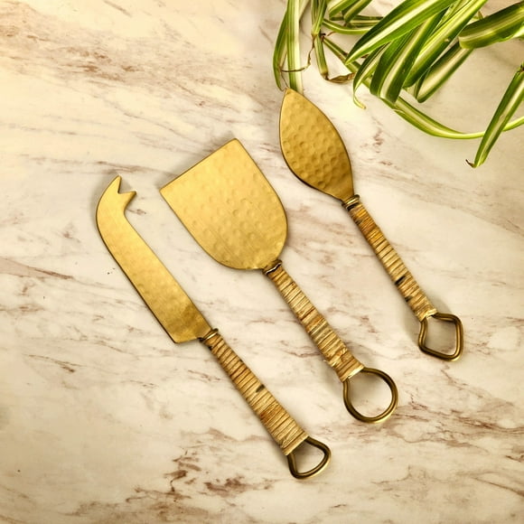 3 piece Cheese Knife Set - Rattan-wrapped handles - Hammered Gold Blades - Charcuterie Board Essentials - Cheese Tools - Bridal Shower Gift