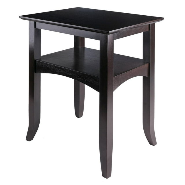 Winsome Camden End Table Coffee Finish with gently flared legs and arched aprons, solid wood construction in rich coffee colour, rectangular shape with a lower shelf for storage, suitable for living room or bedroom furniture.