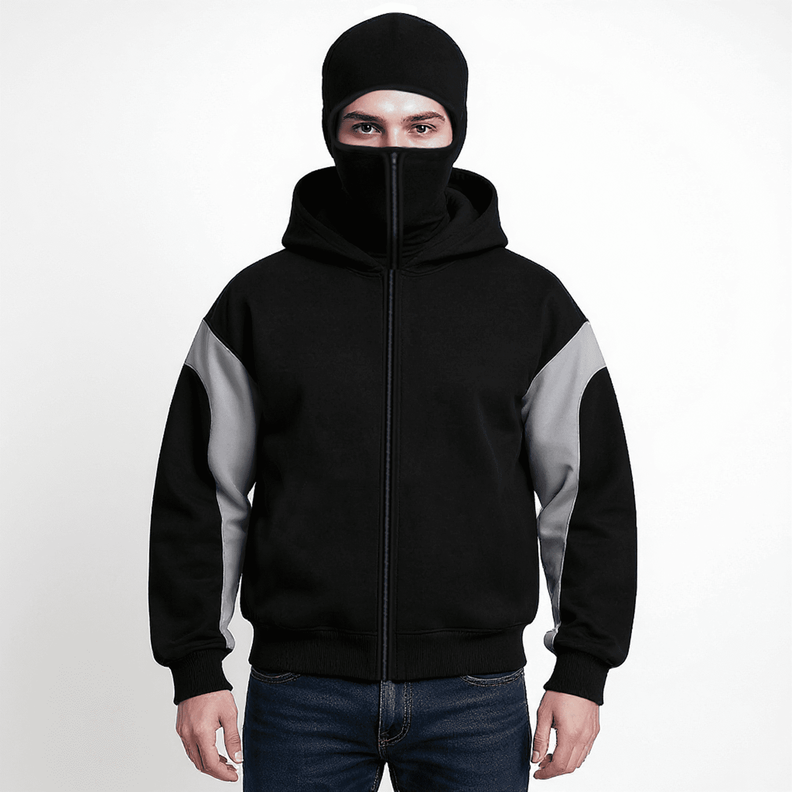 Homeyce Men's Balaclava Double Hoodie Sweatshirt with Mask with Zipper Hoodie Double Layer Hooded Wind Resistant Coat Balaclava Motor Y2k Fall Fashion Clothing,Gray XL
