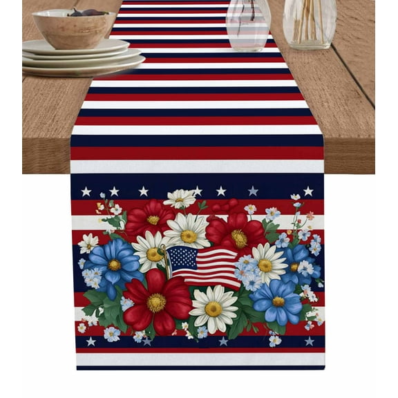Hokiten Table Runners 120 Inches Long Dress Scarves, 4th of July Farmhouse Coffee/Dining/Kitchen Table Runner for Living Room, Independence Day Blue Red Flower American Flag 13x120 Inch